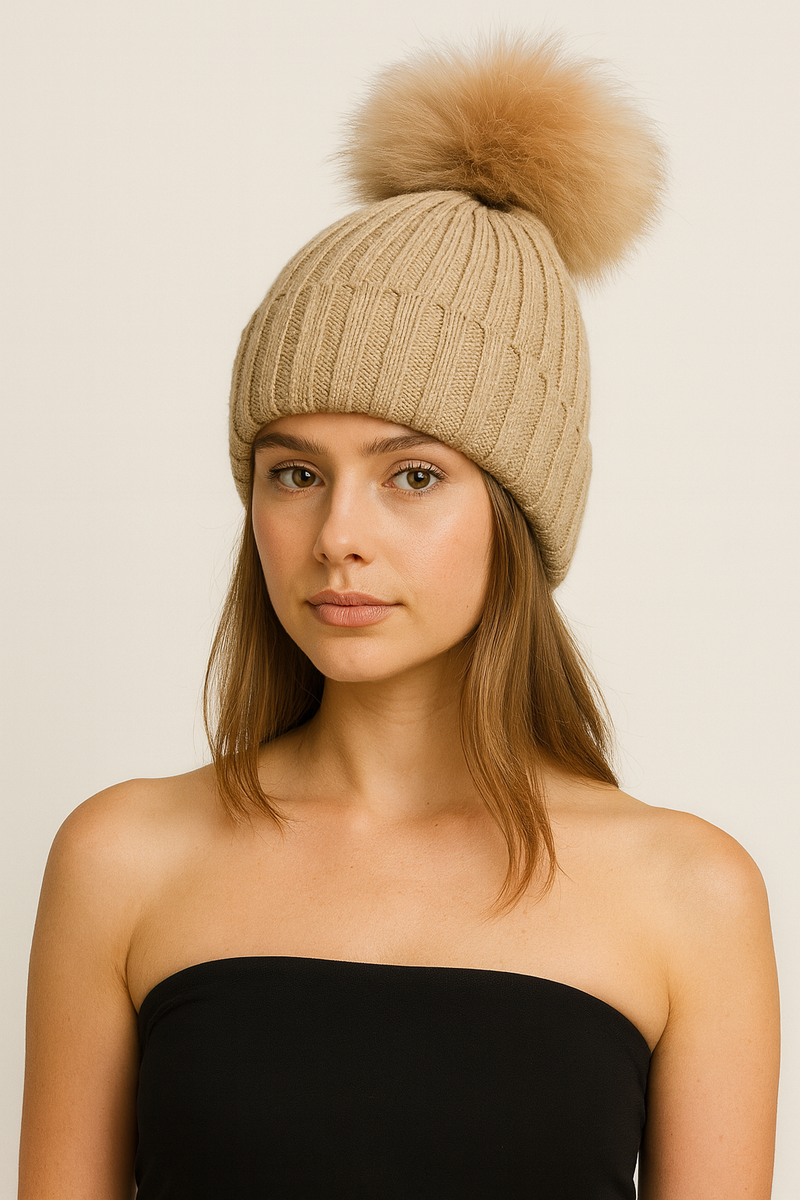 Knitted Fox Fur Pom-Pom Beanie - HT1902