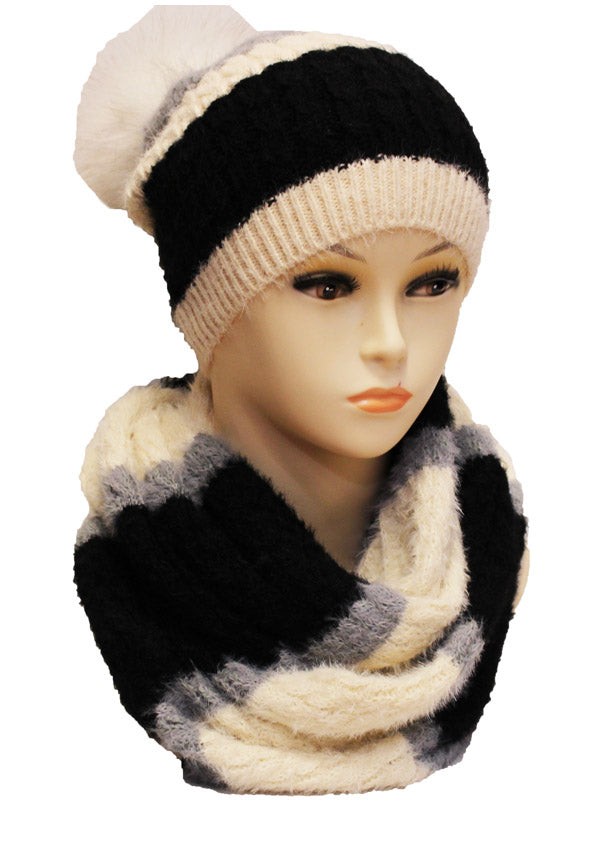 Knitted Two-Tone Hat & Scarf Set HT1803 Set