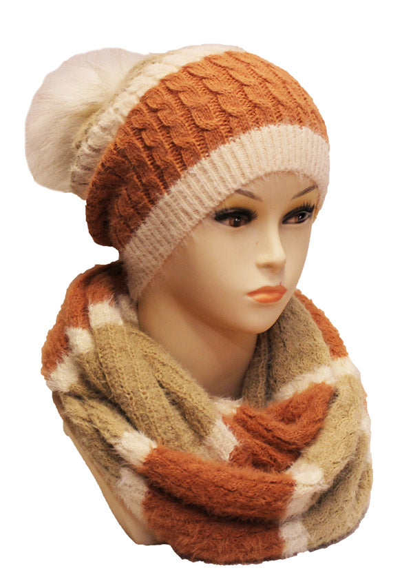 Knitted Two-Tone Hat & Scarf Set HT1803 Set