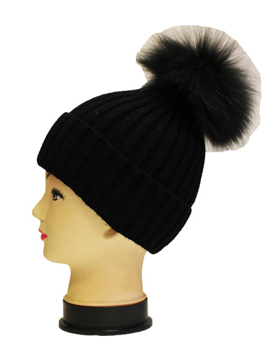 Knitted Fox Fur Pom-Pom Beanie - HT1902