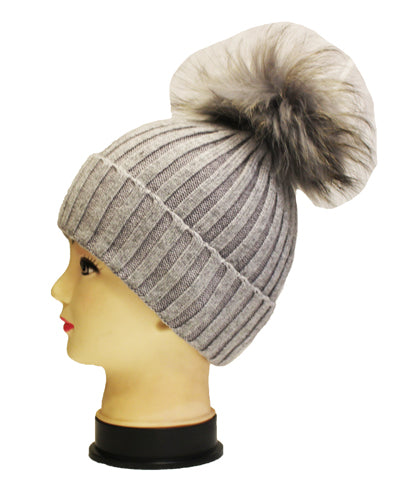 Knitted Fox Fur Pom-Pom Beanie - HT1902