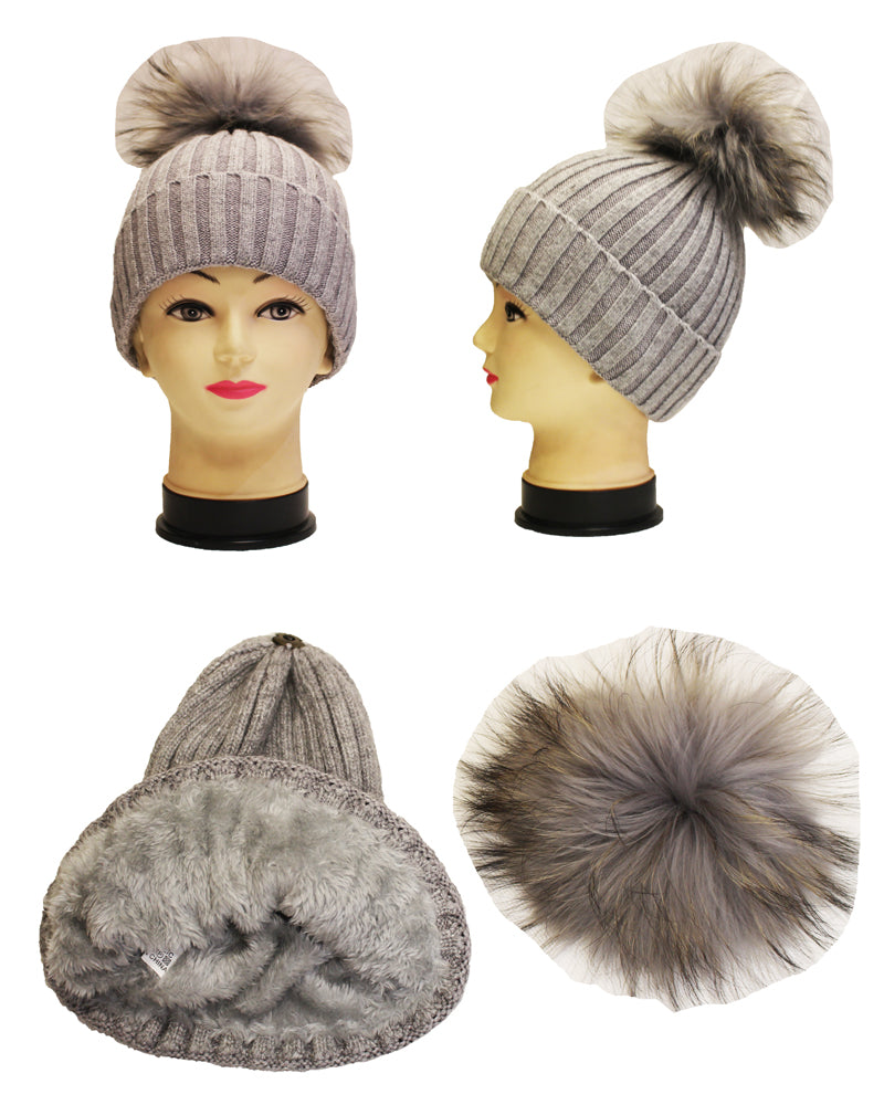 Knitted Fox Fur Pom-Pom Beanie - HT1902
