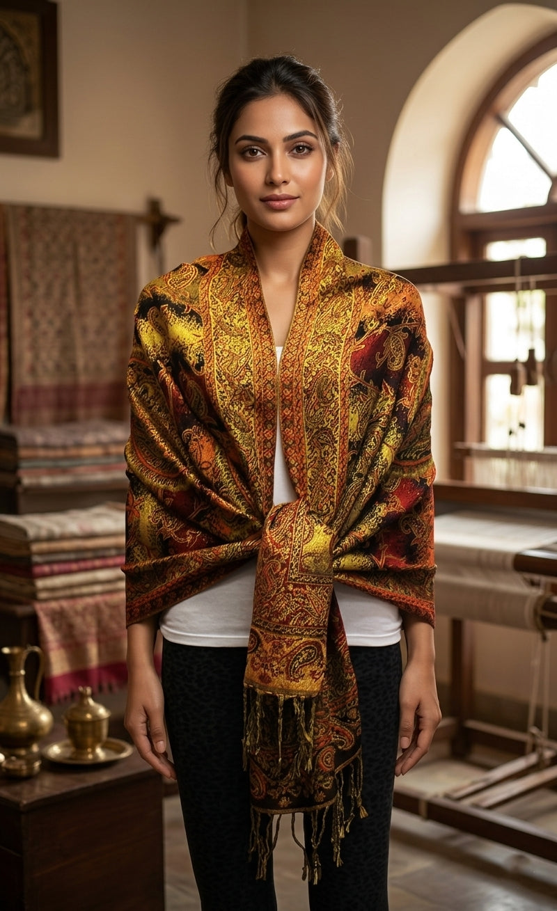 Colorful Paisley Pashmina with Gold Threads-BH1908