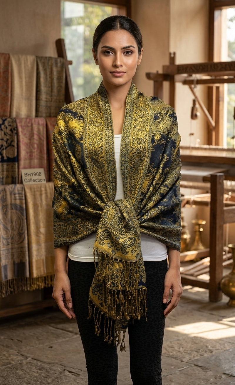 Colorful Paisley Pashmina with Gold Threads-BH1908