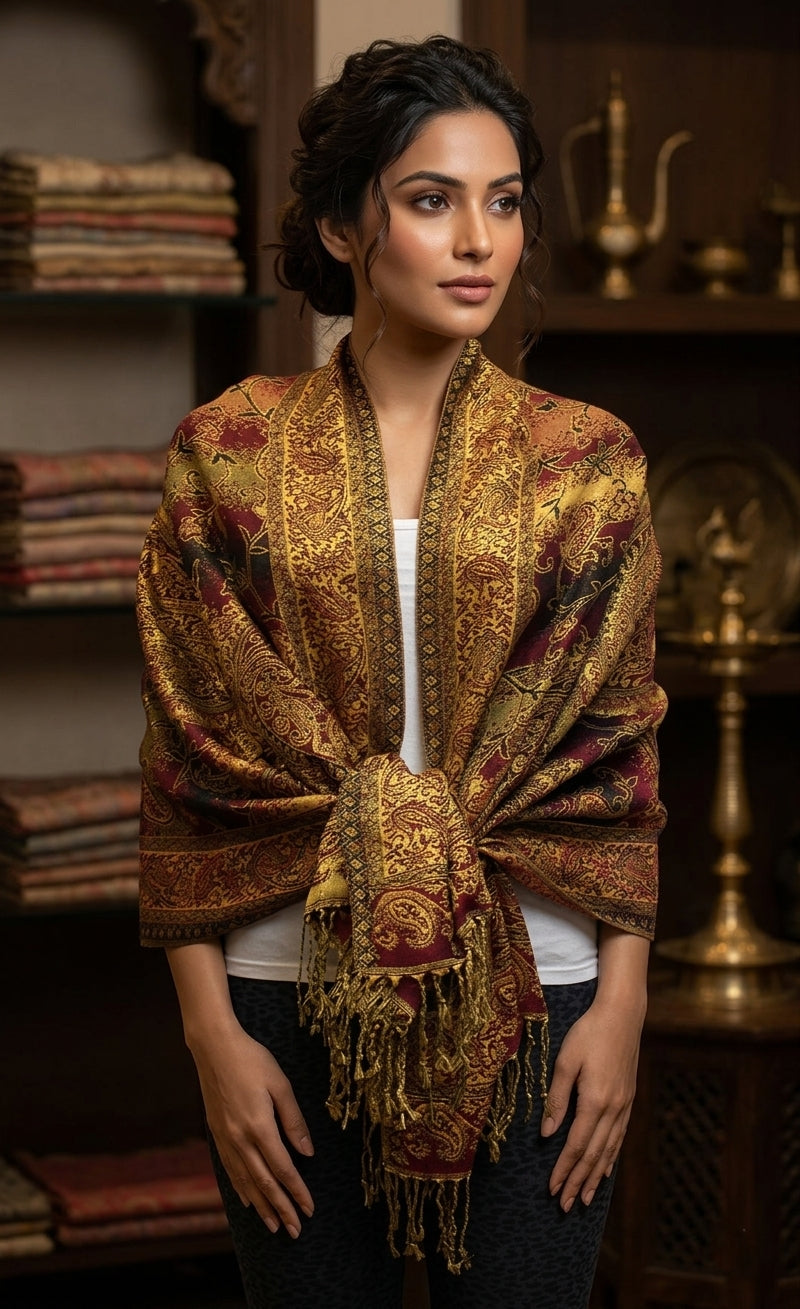Colorful Paisley Pashmina with Gold Threads-BH1908