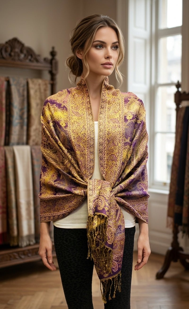 Colorful Paisley Pashmina with Gold Threads-BH1908