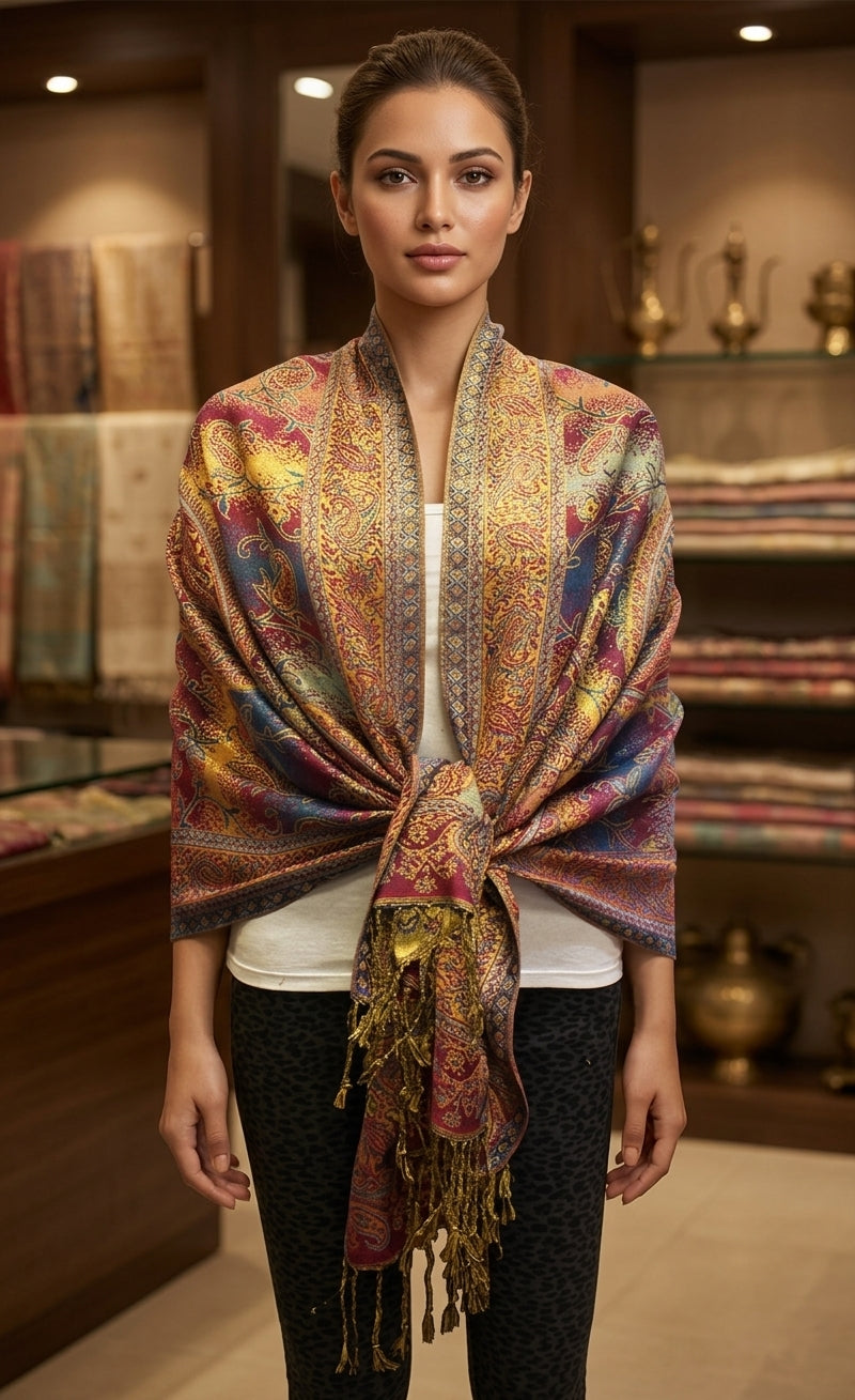 Colorful Paisley Pashmina with Gold Threads-BH1908