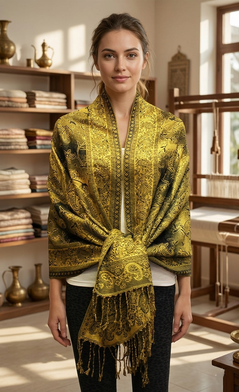 Colorful Paisley Pashmina with Gold Threads-BH1908