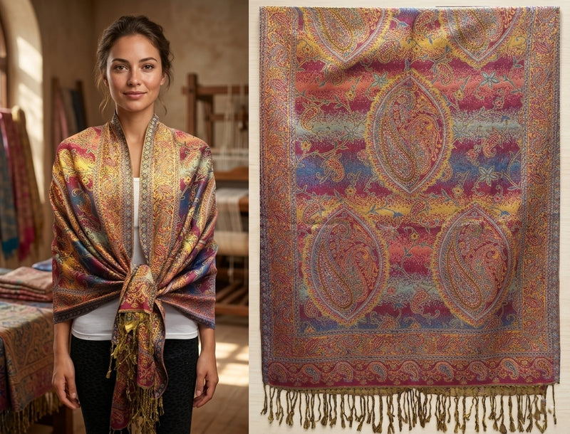 Colorful Paisley Pashmina with Gold Threads-BH1908