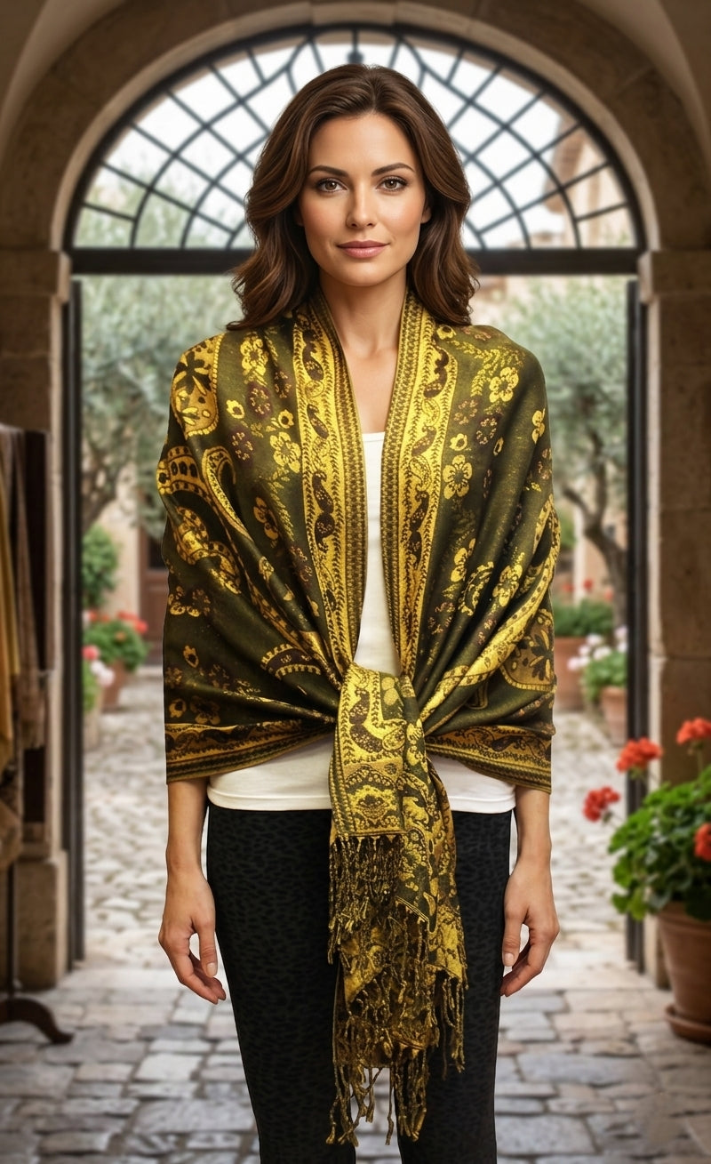 Elegant Shine Gold Paisley ShawlBH1909