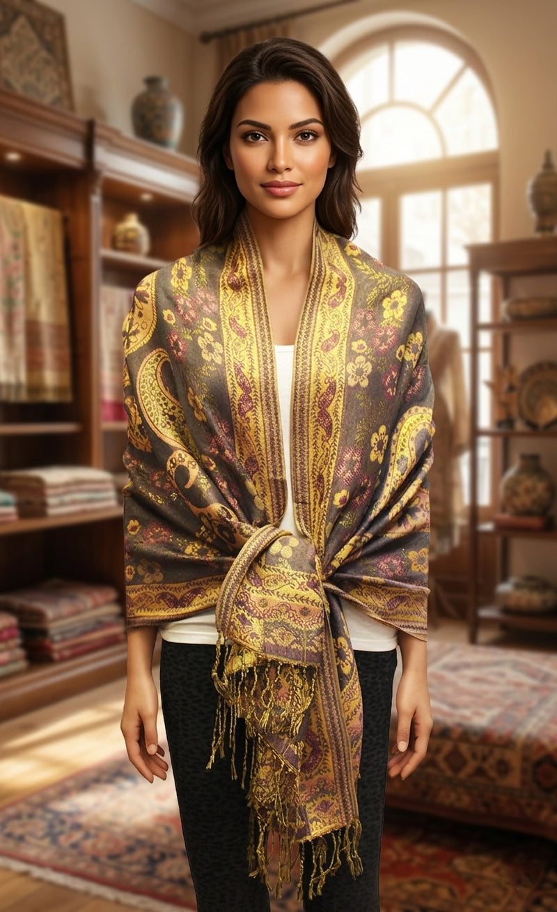Elegant Shine Gold Paisley ShawlBH1909