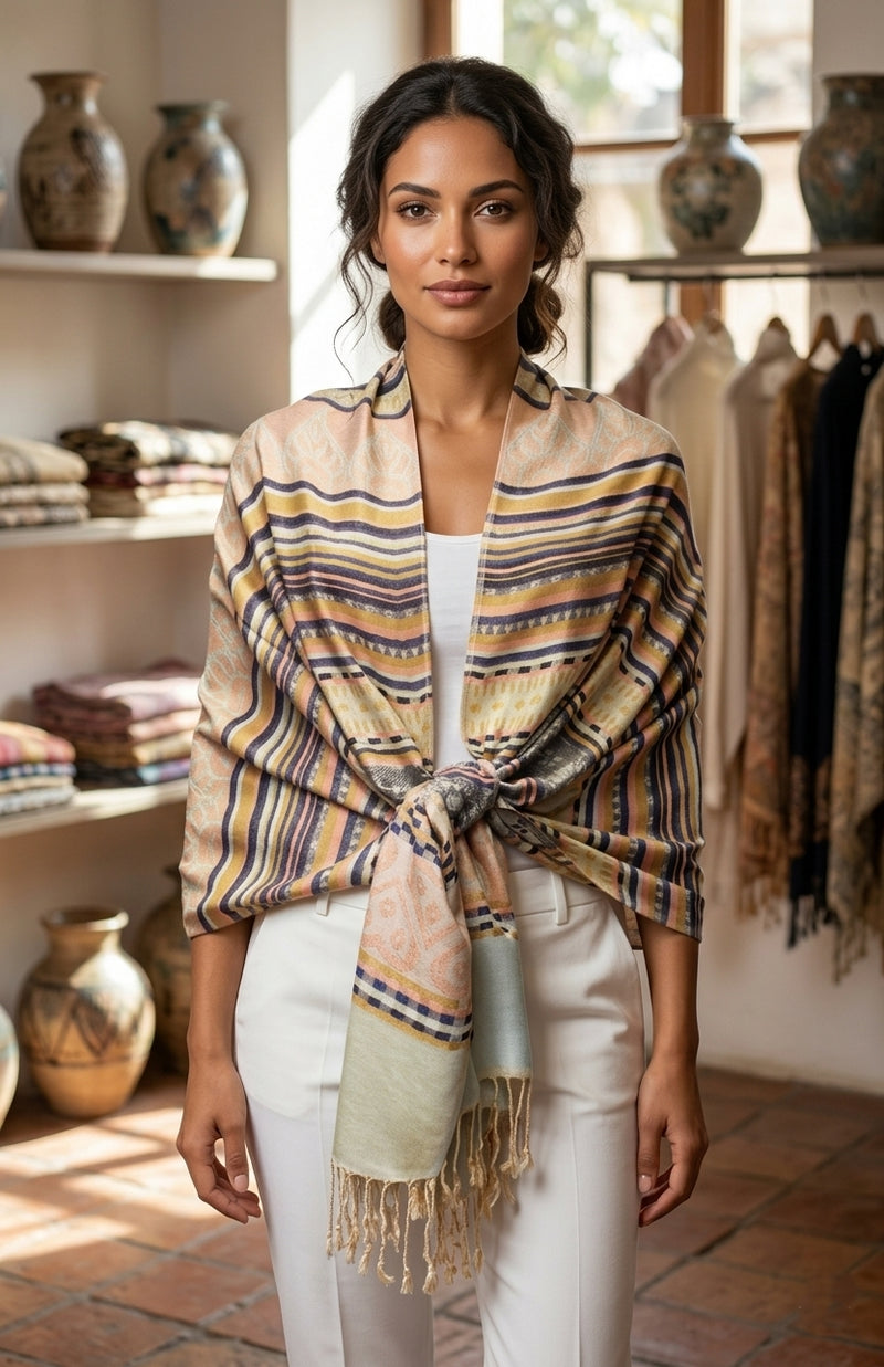 Bohemian Striped Fringe Shawl-BH2101