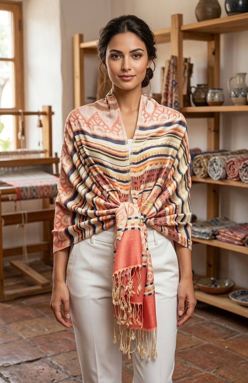 Bohemian Striped Fringe Shawl-BH2101