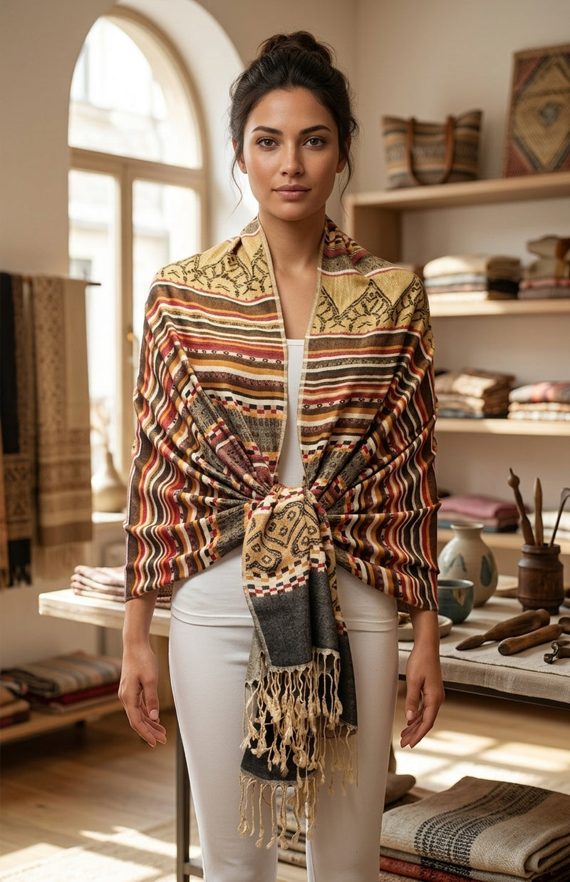 Bohemian Striped Fringe Shawl-BH2101
