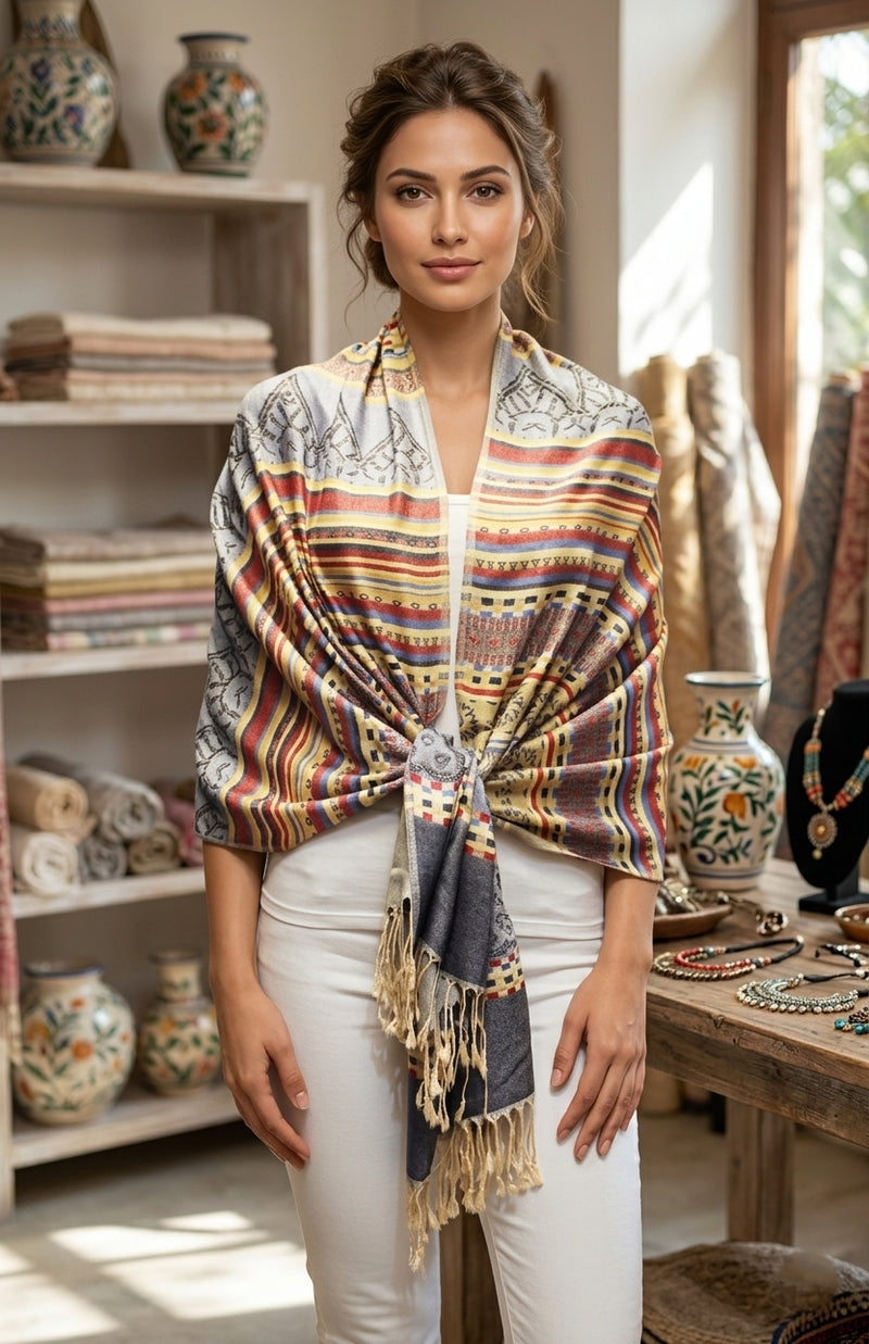 Bohemian Striped Fringe Shawl-BH2101