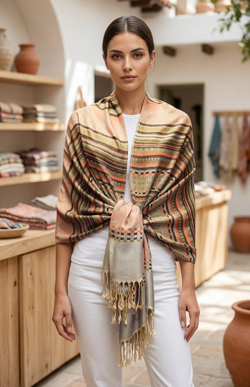 Bohemian Striped Fringe Shawl-BH2101