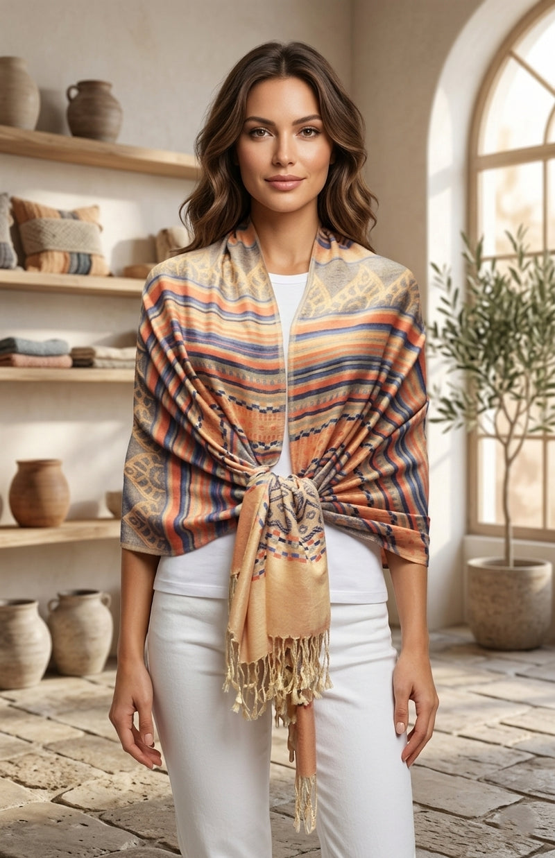 Bohemian Striped Fringe Shawl-BH2101