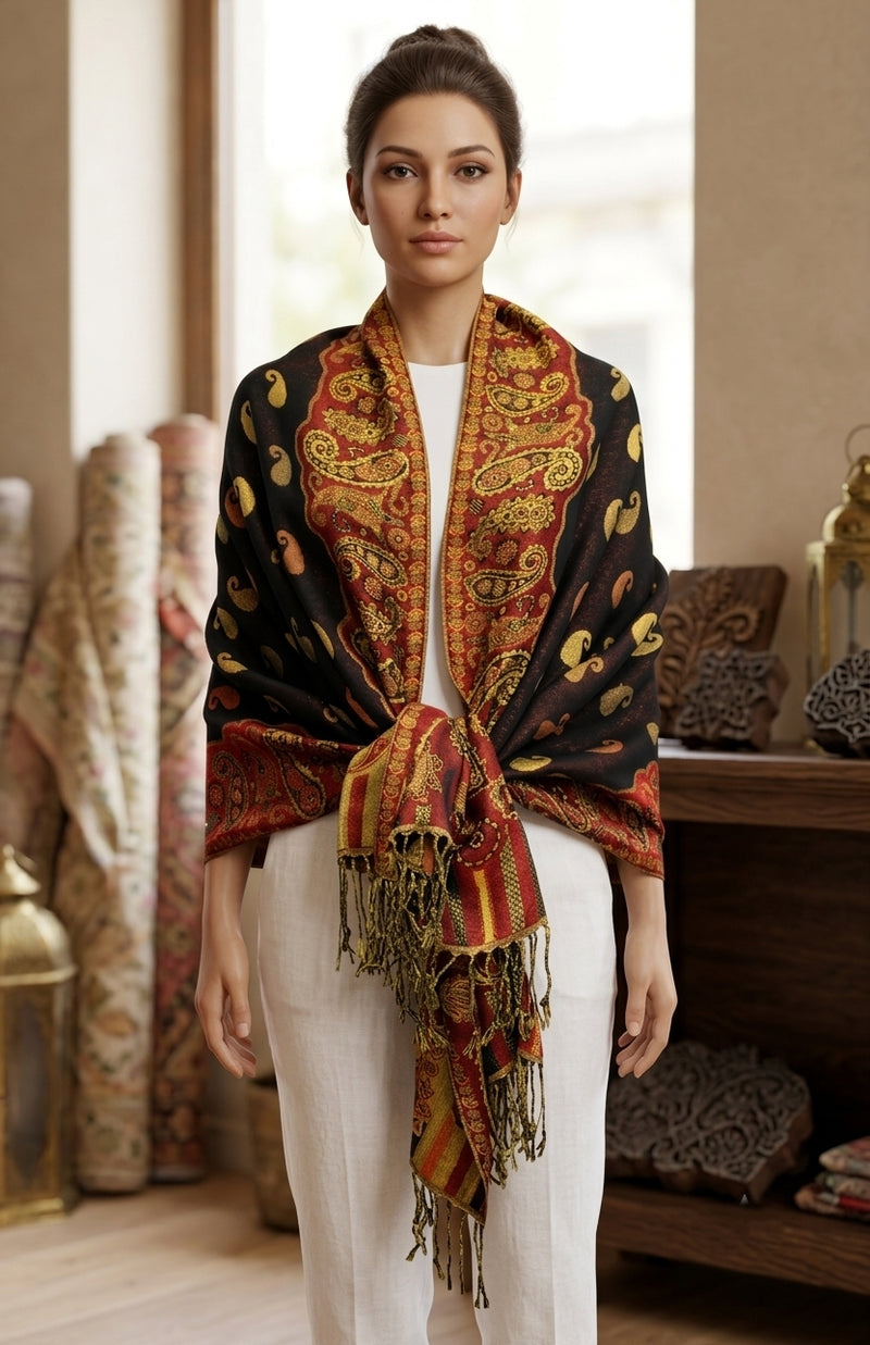 Luxurious Gold Thread Paisley Pashmina - BH2108