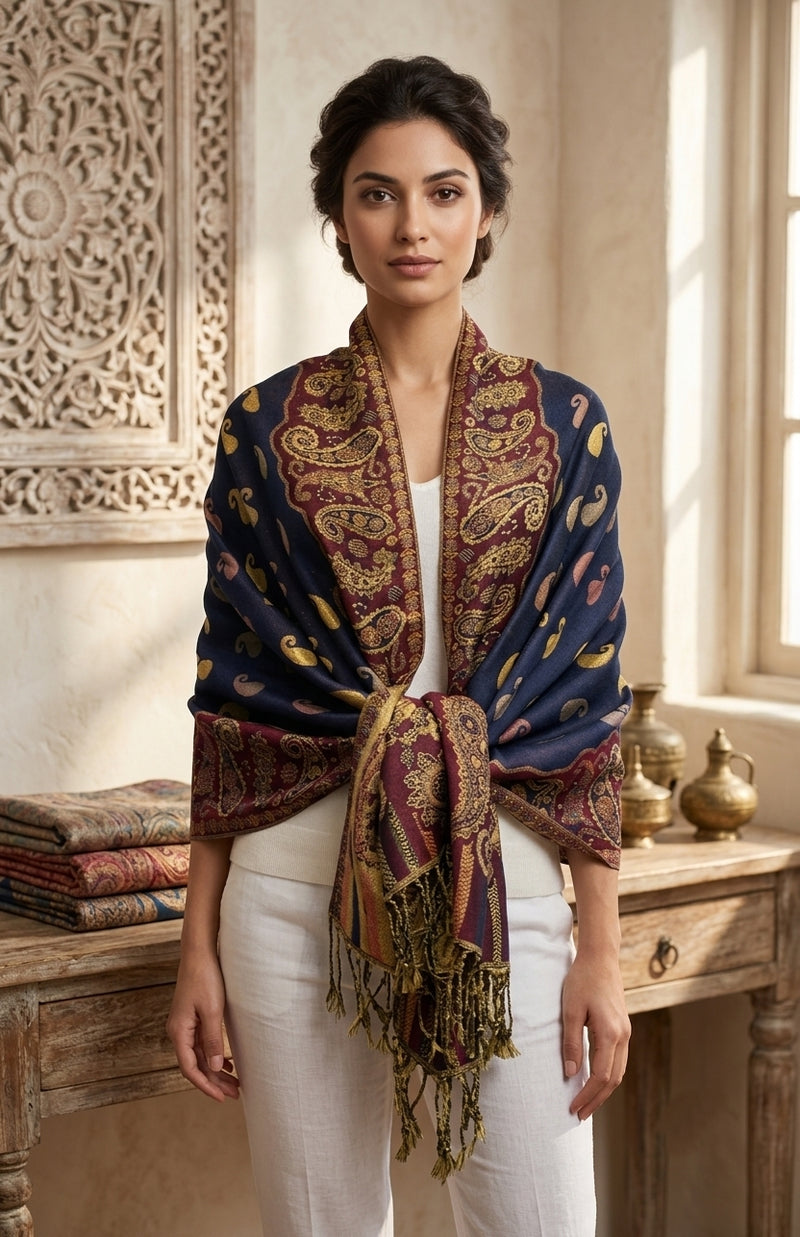 Luxurious Gold Thread Paisley Pashmina - BH2108