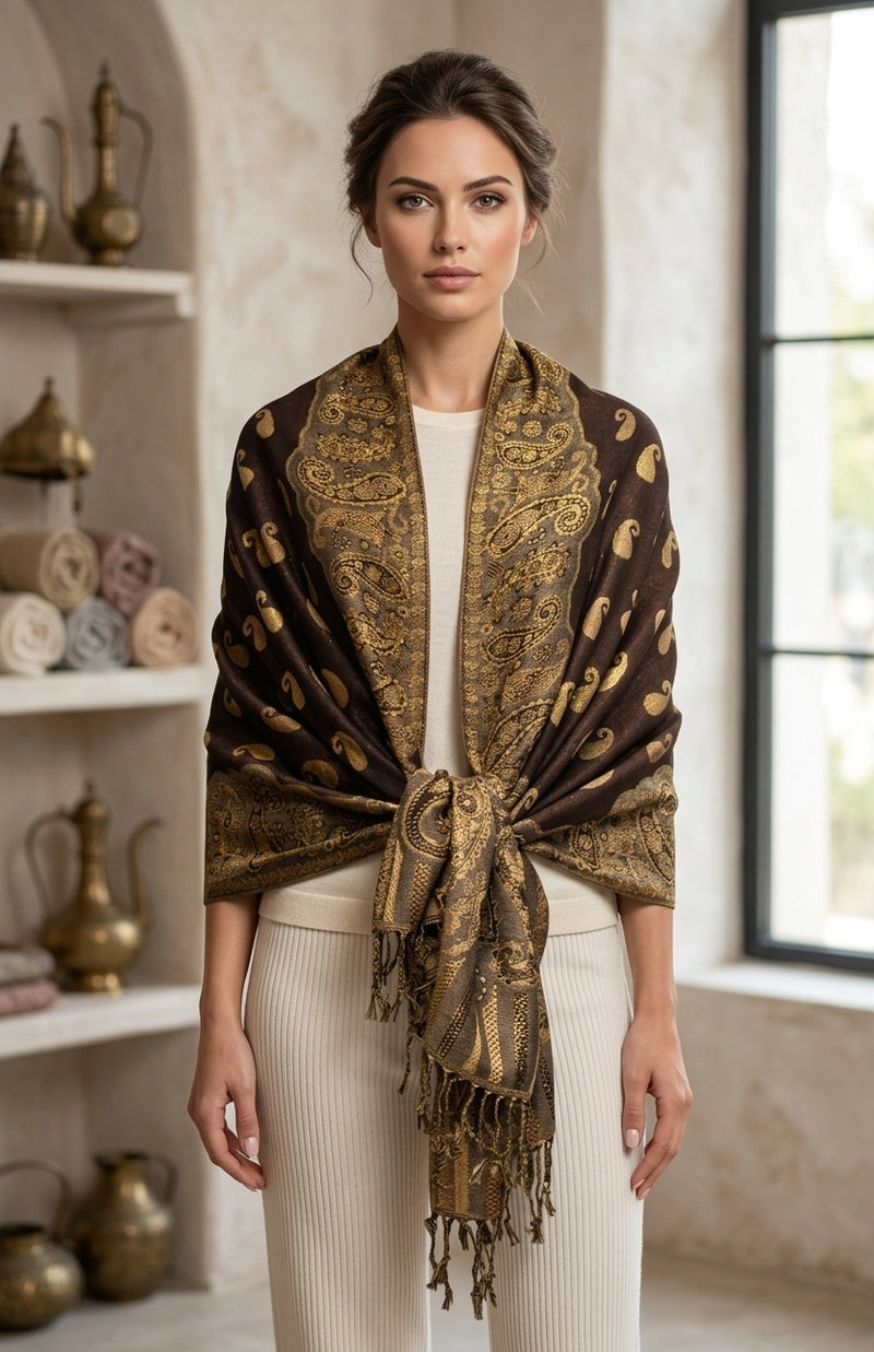 Luxurious Gold Thread Paisley Pashmina - BH2108
