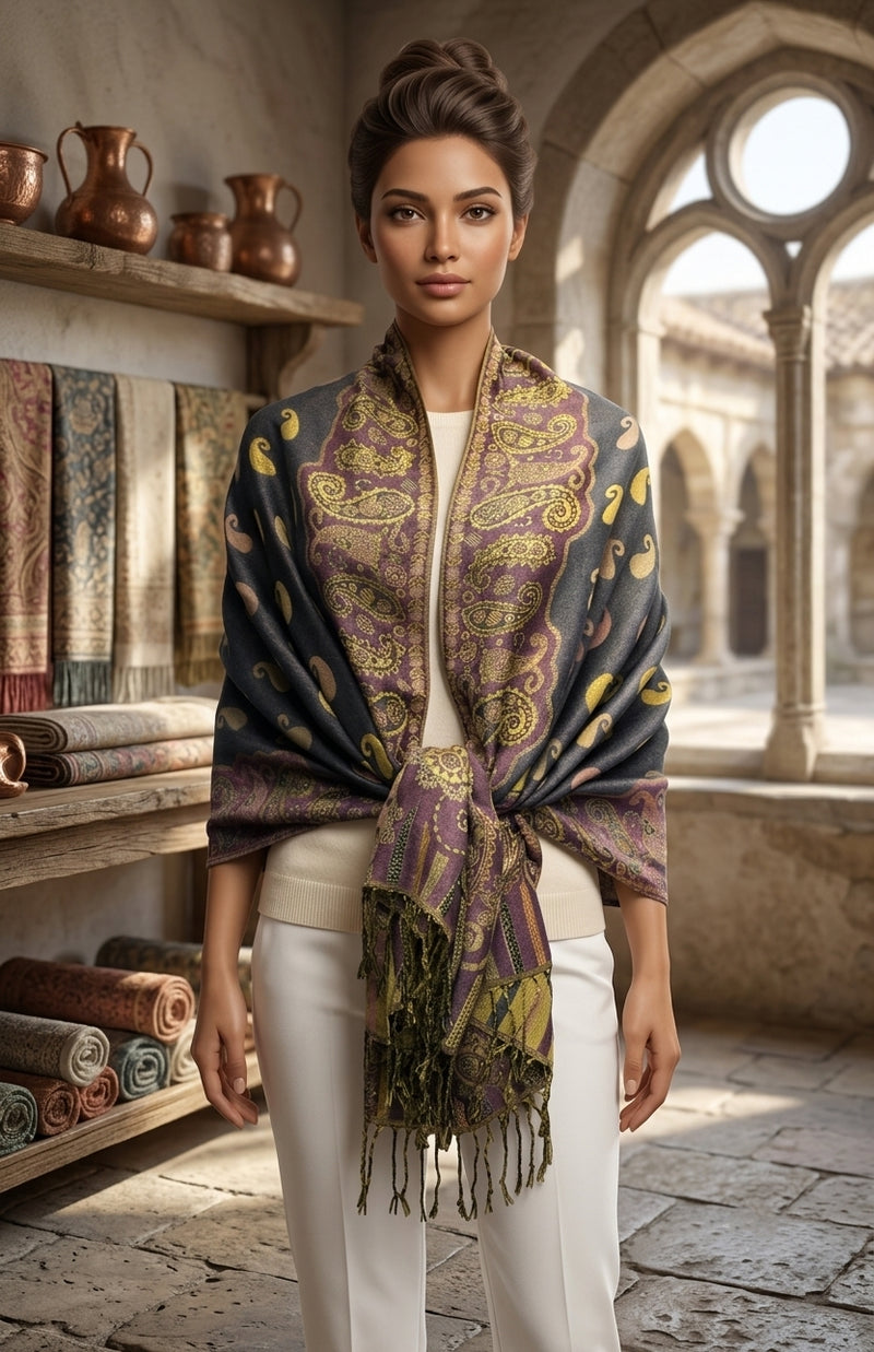 Luxurious Gold Thread Paisley Pashmina - BH2108