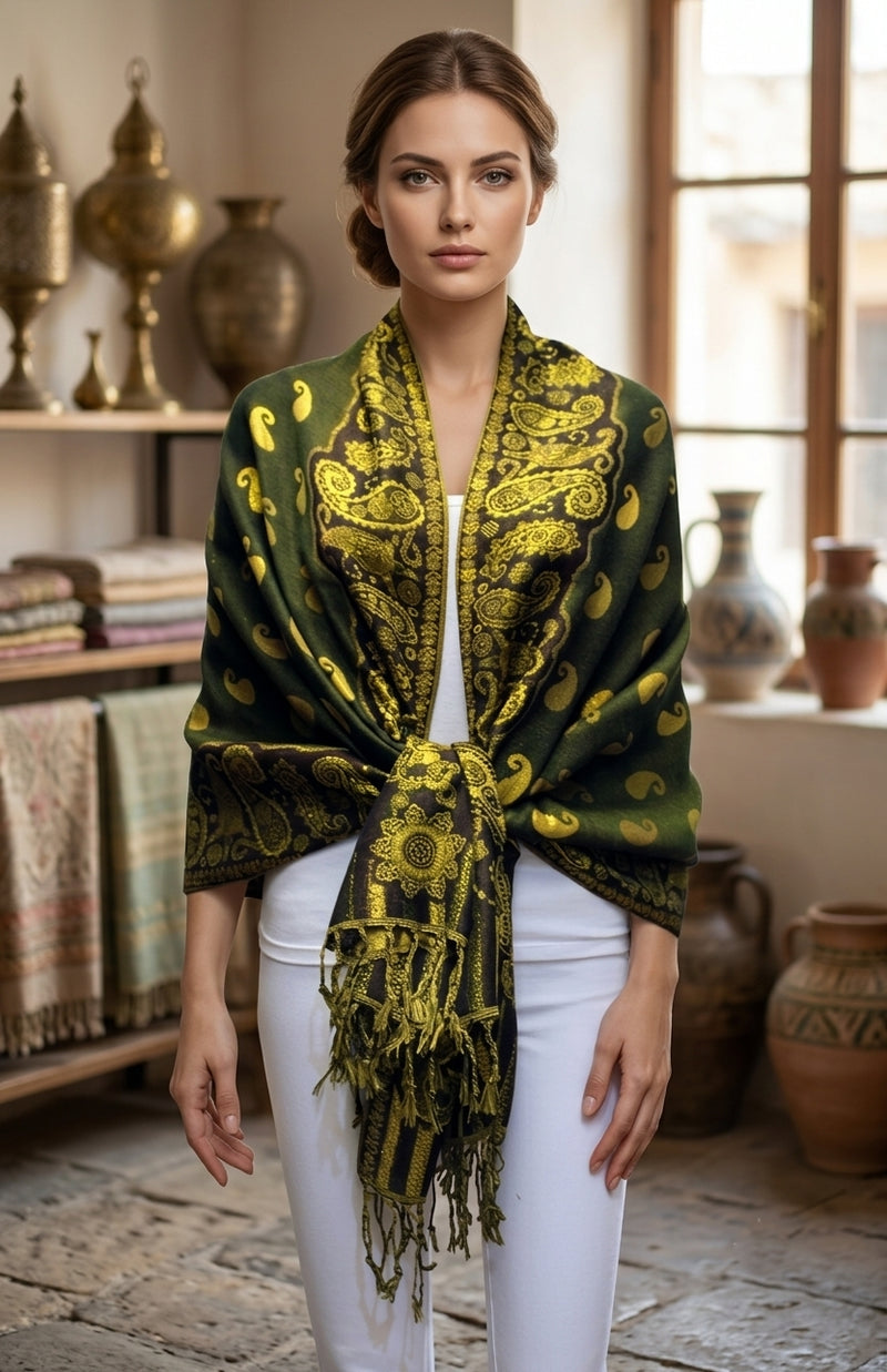 Luxurious Gold Thread Paisley Pashmina - BH2108