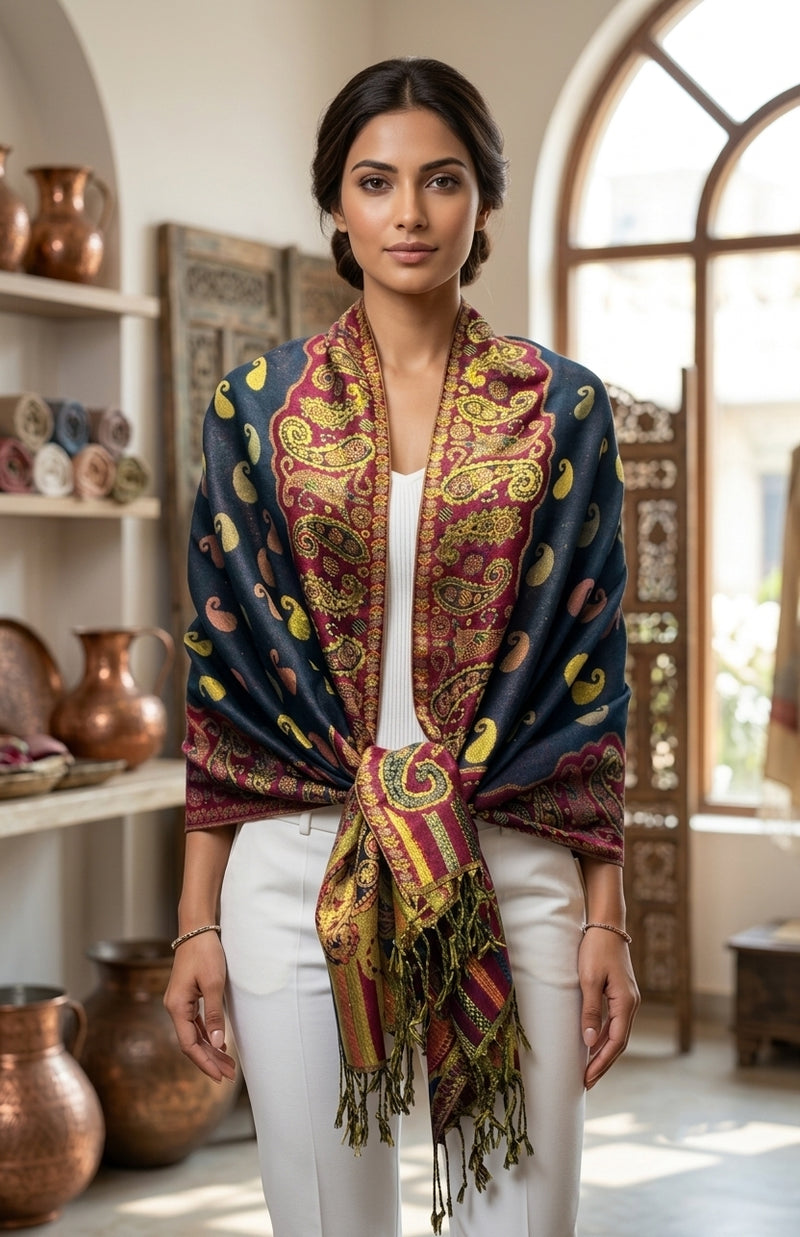 Luxurious Gold Thread Paisley Pashmina - BH2108