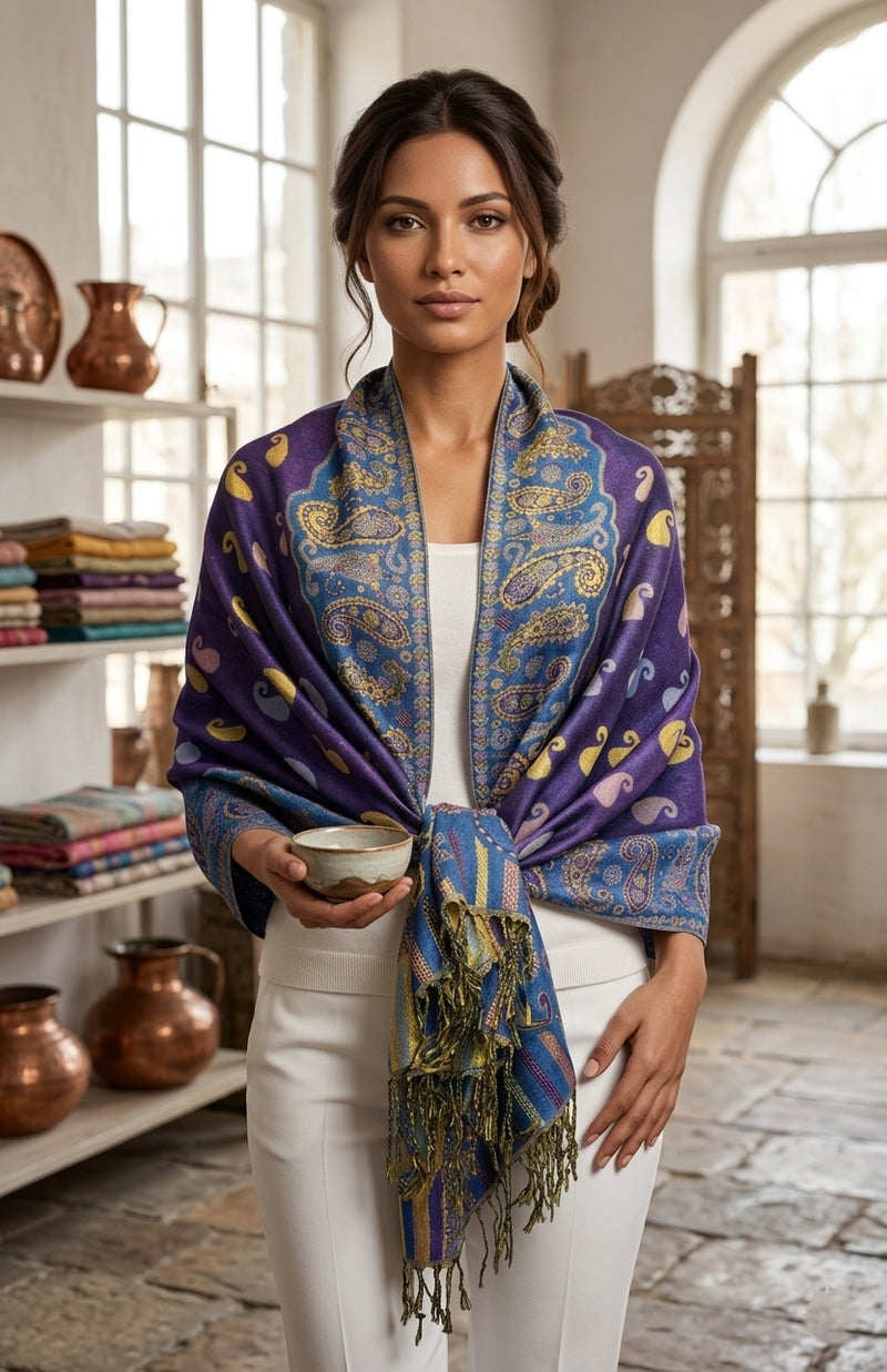 Luxurious Gold Thread Paisley Pashmina - BH2108