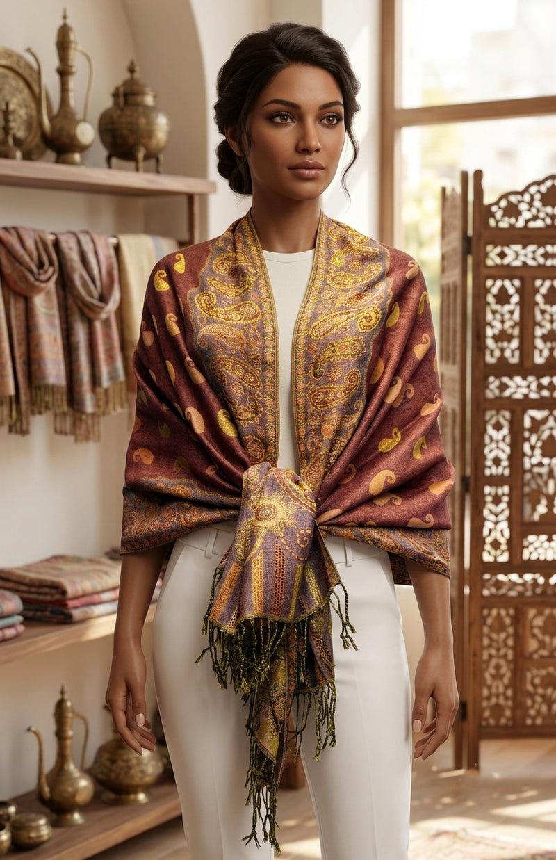 Luxurious Gold Thread Paisley Pashmina - BH2108