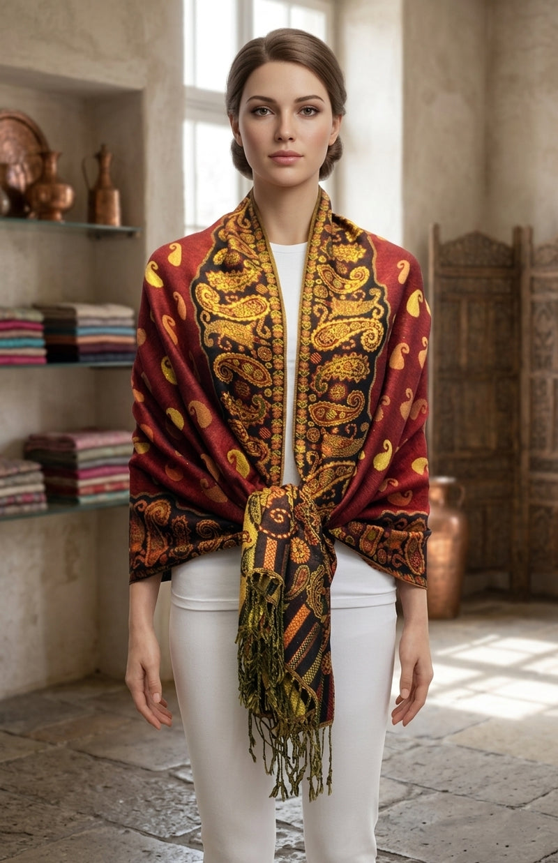 Luxurious Gold Thread Paisley Pashmina - BH2108