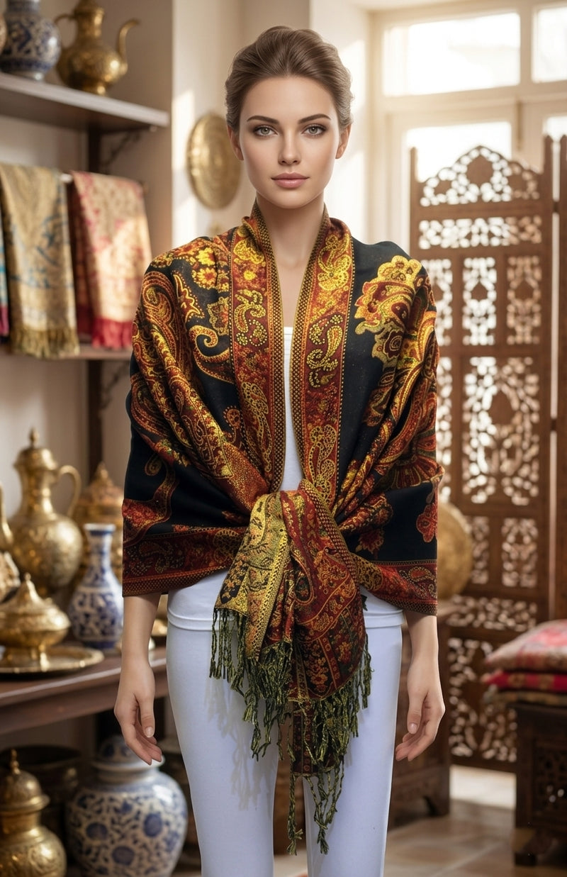 Elegant Gold-Thread Paisley Scarf-BH2109