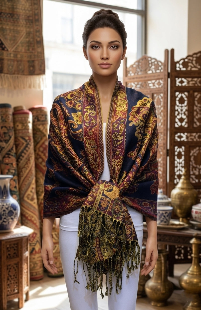 Elegant Gold-Thread Paisley Scarf-BH2109