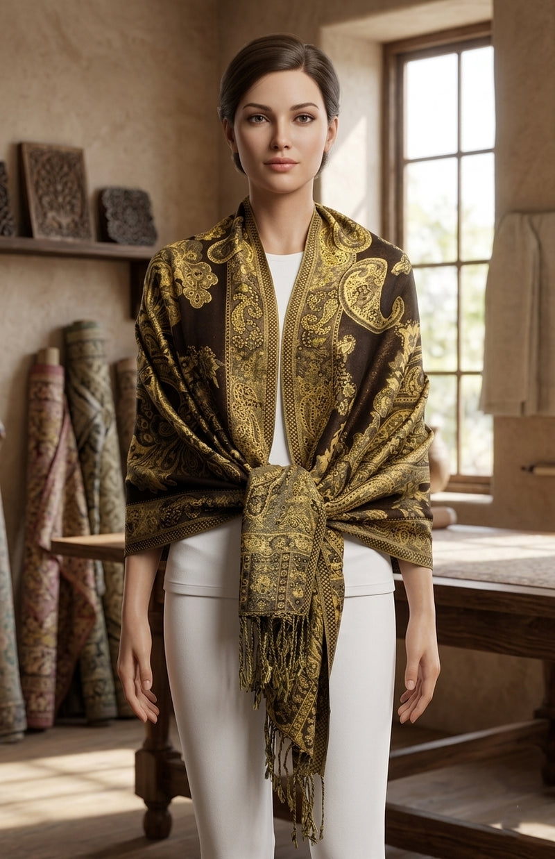 Elegant Gold-Thread Paisley Scarf-BH2109
