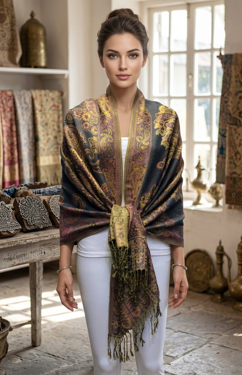 Elegant Gold-Thread Paisley Scarf-BH2109