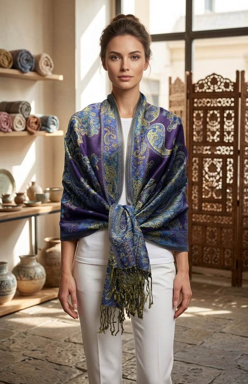 Elegant Gold-Thread Paisley Scarf-BH2109