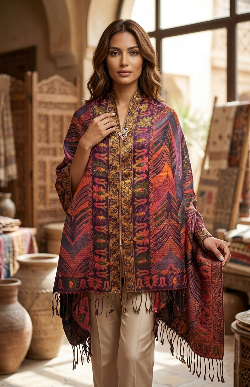 Luxurious Gold-Thread Embroidered Shawl- BH2201