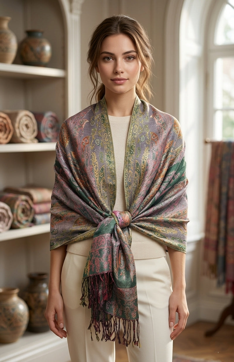 Colorful Silver-Thread Elegant Pashmina Shawl-BH2202