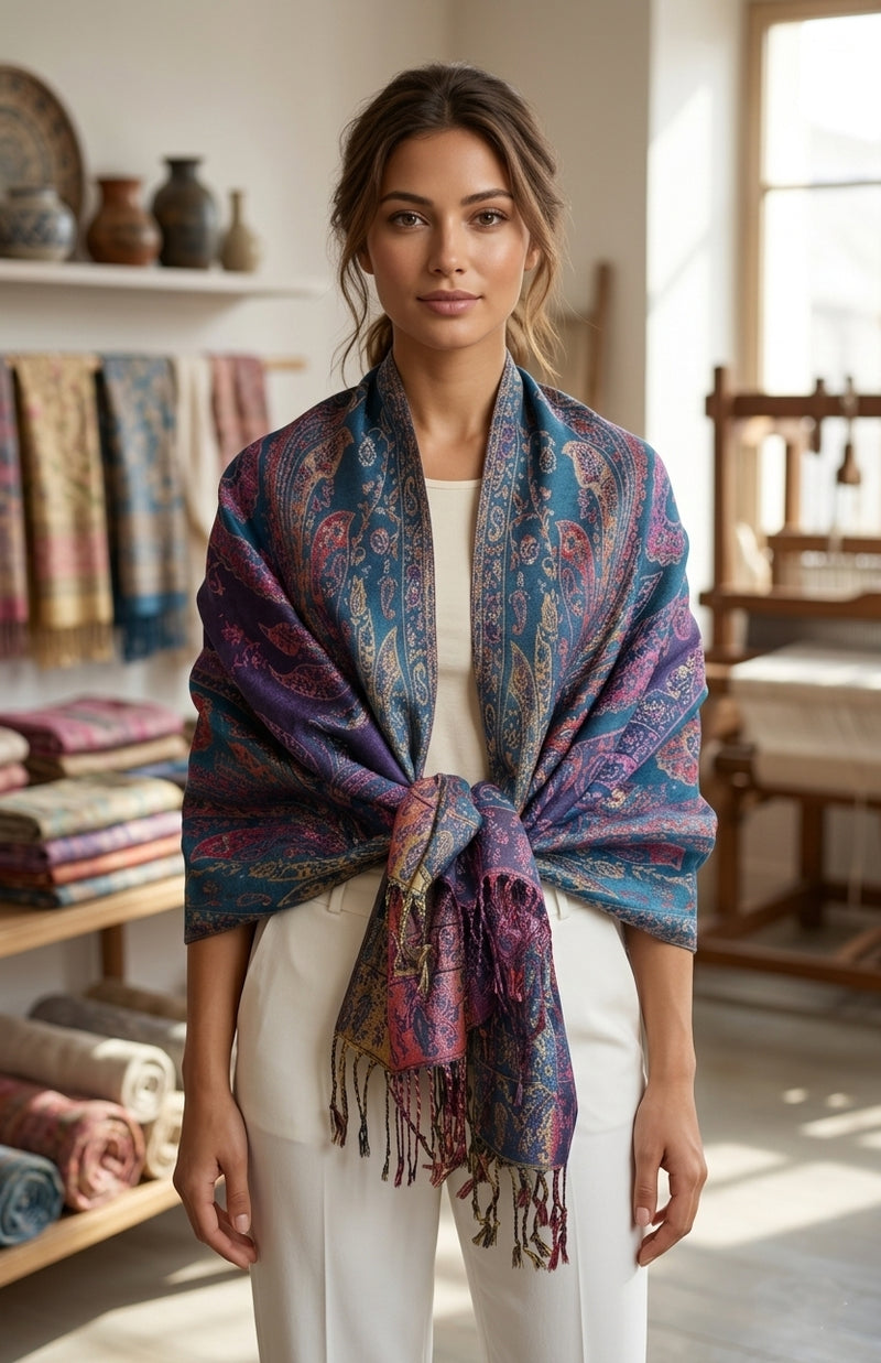 Colorful Silver-Thread Elegant Pashmina Shawl-BH2202