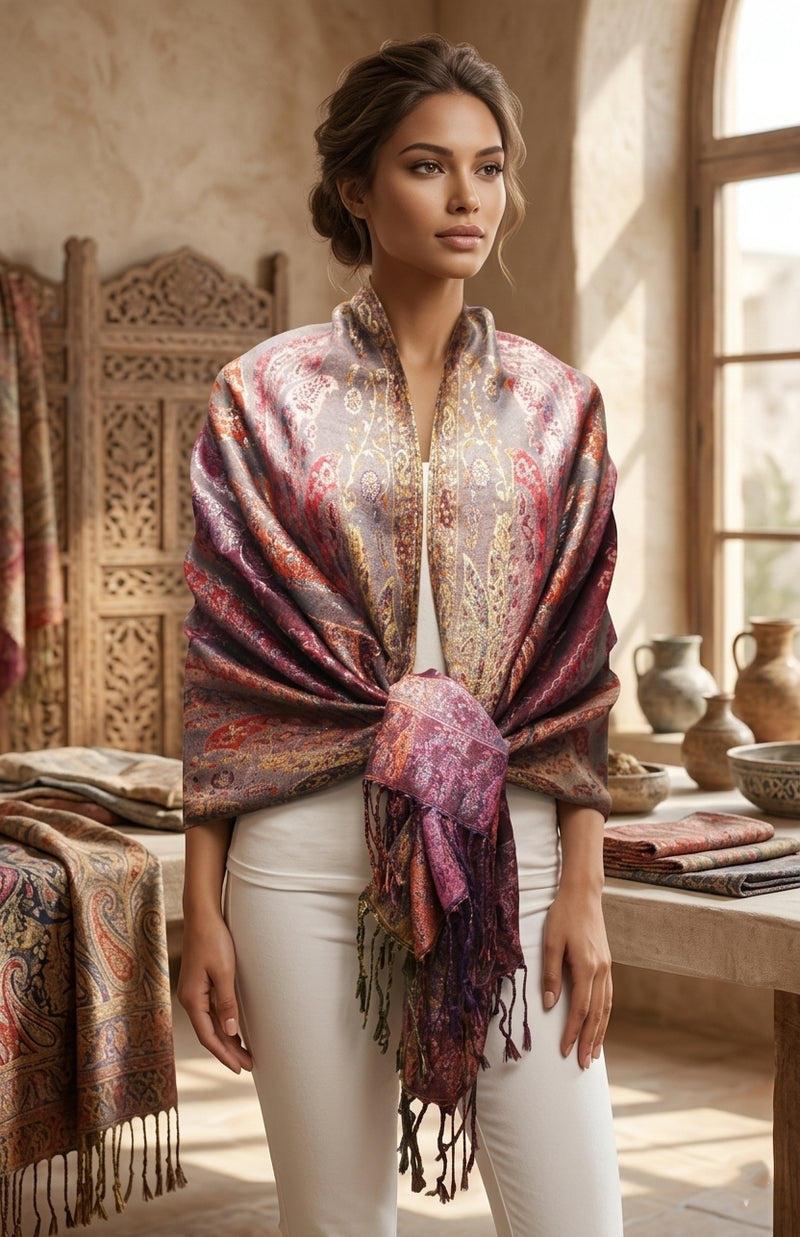 Colorful Silver-Thread Elegant Pashmina Shawl-BH2202