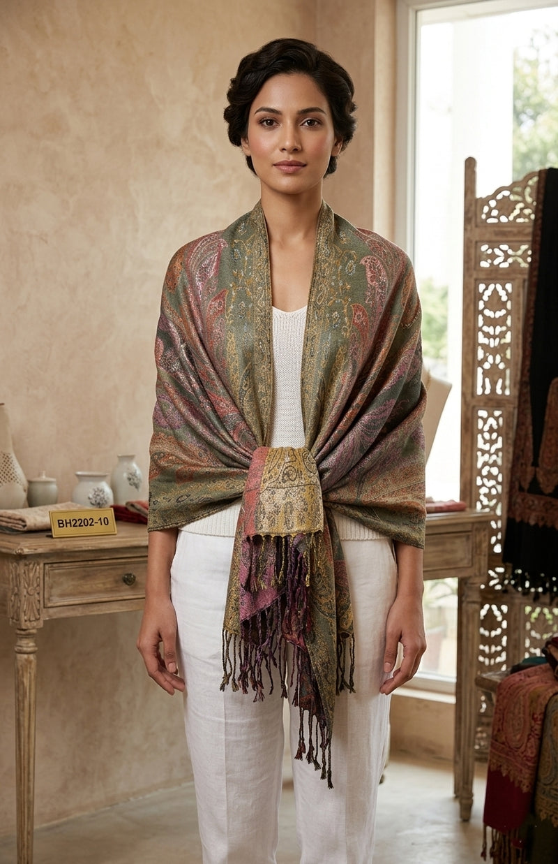 Colorful Silver-Thread Elegant Pashmina Shawl-BH2202