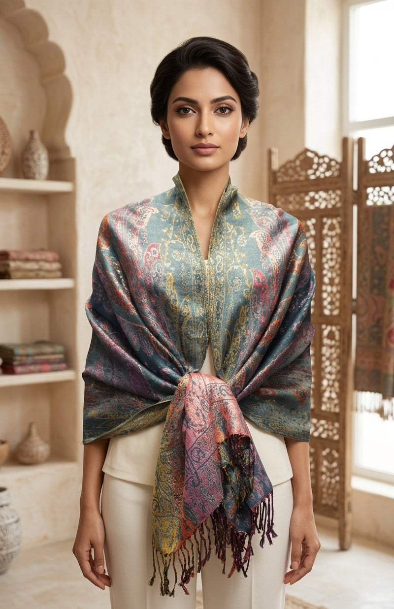 Colorful Silver-Thread Elegant Pashmina Shawl-BH2202
