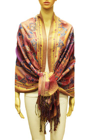 This image features a luxurious, multicolor pashmina shawl draped elegantly over a mannequin. The shawl boasts a rich tapestry of colors, including blues, greens, and golds, with a subtle shimmer that suggests a metallic thread or finish.