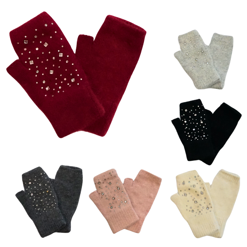 Rhinestone Rabbit Fur Fingerless Gloves-GF1906