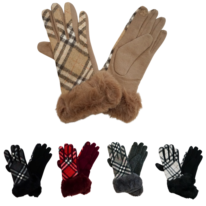 Plaid Gloves with Faux Fur-GF2206
