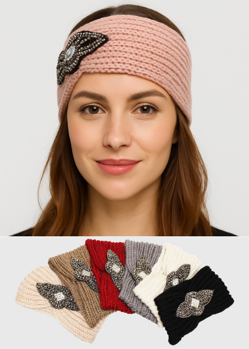 Knit Headband with Beaded Leaf Accent - HB2204