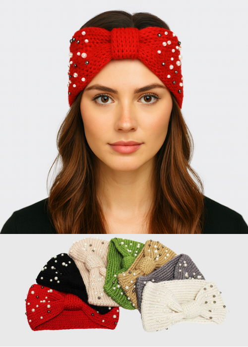 Pearl Studded Bow Knit Headband - HB2206