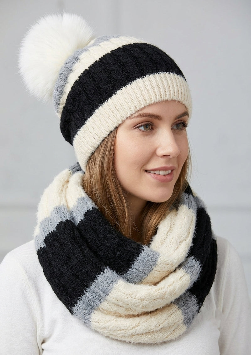 Knitted Two-Tone Hat & Scarf Set HT1803 Set