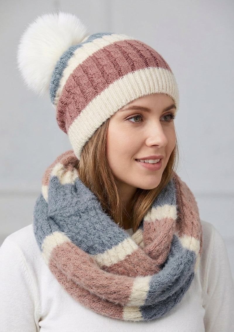Knitted Two-Tone Hat & Scarf Set HT1803 Set