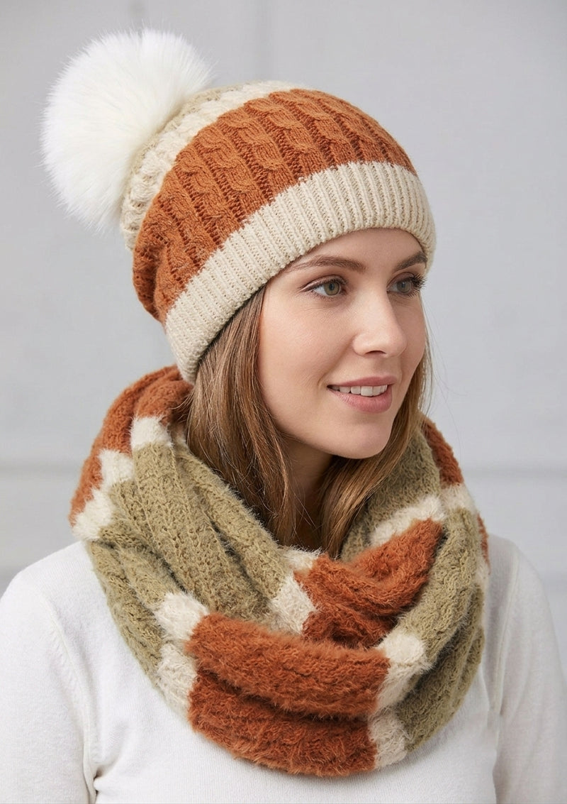 Knitted Two-Tone Hat & Scarf Set HT1803 Set