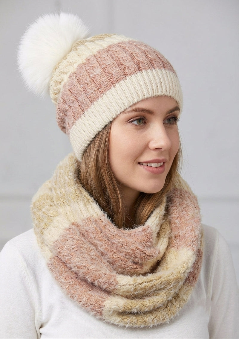 Knitted Two-Tone Hat & Scarf Set HT1803 Set